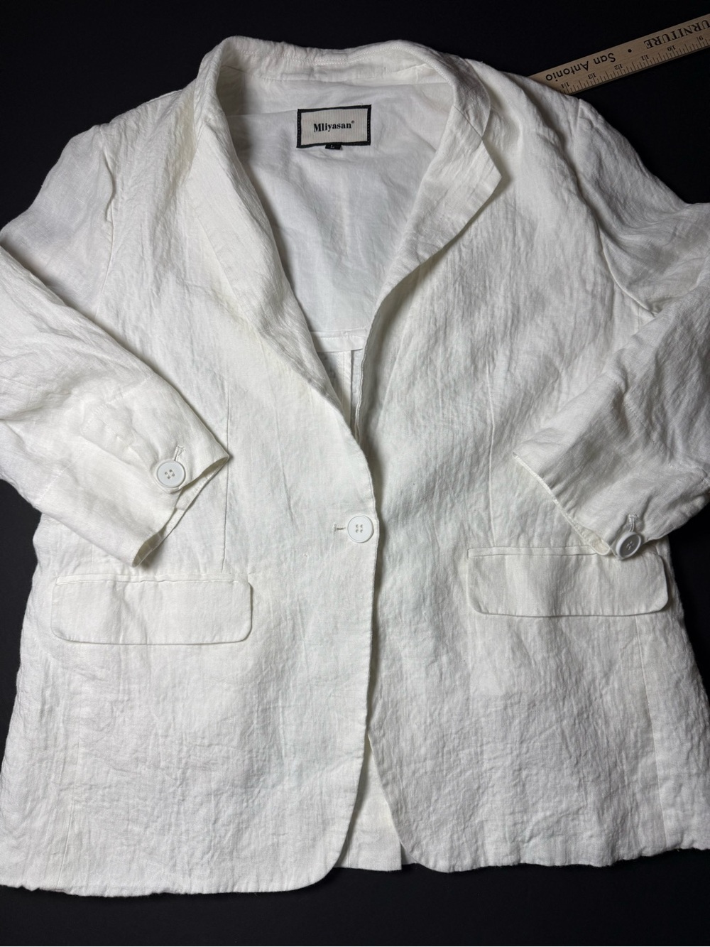 Mayan 100%  White Linen-Blend Women's Blazer Open Front Jacket Large 3/4 Sleeves